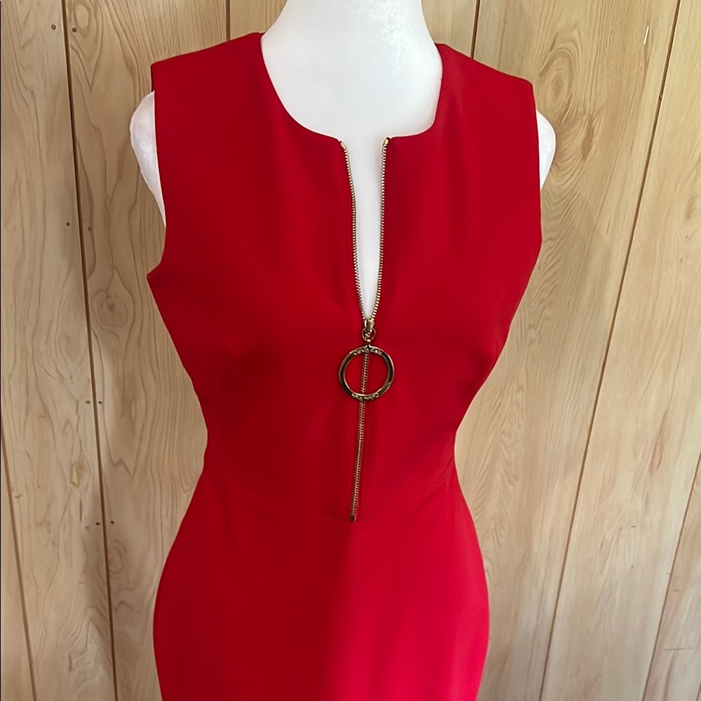 Calvin Klein Red‎ Sleeveless Sheath Dress With Gold Zipper O-Ring - Size 4 - Picture 3 of 13